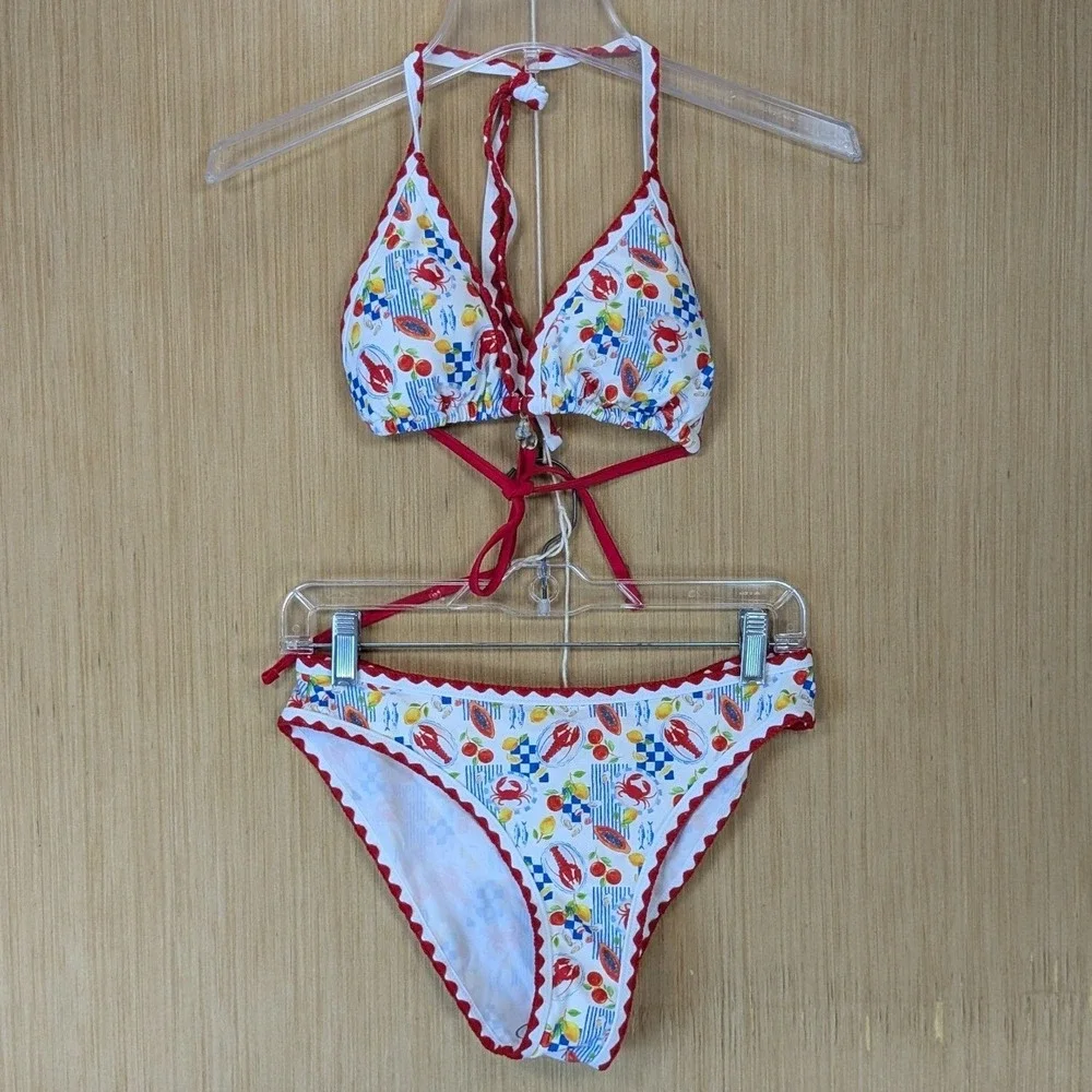 Women's Lobster Fruit Print Bikini Set Beach Swim Vacation Seashell Charm Medium